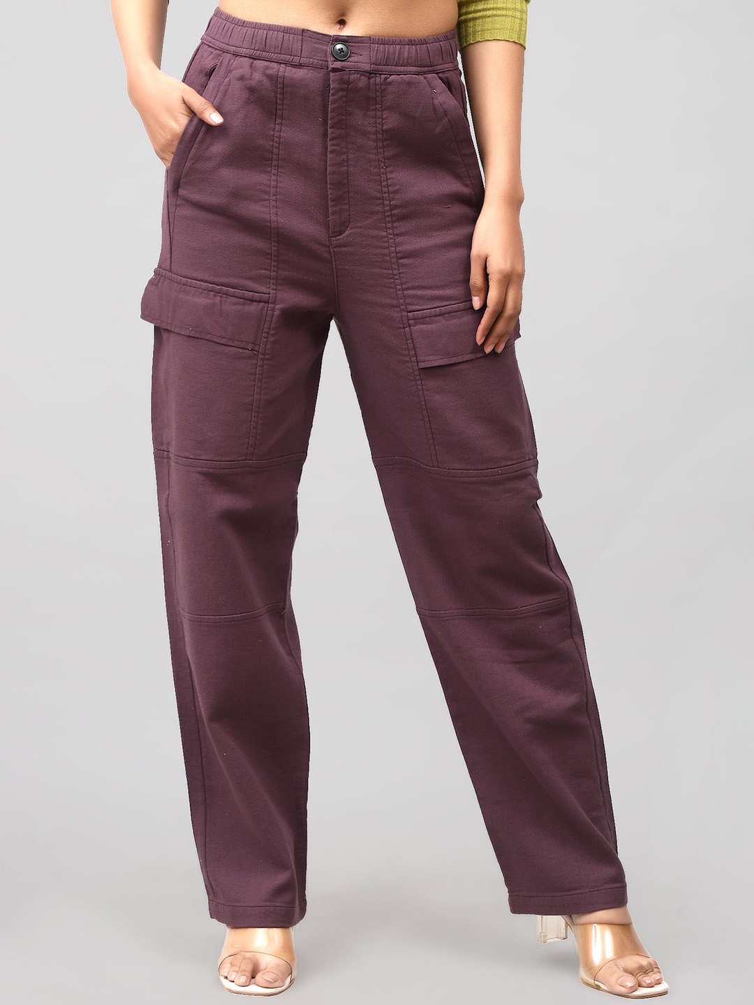 

BLUEBIRD Women Relaxed Loose Fit High-Rise Easy Wash Cargos Trousers, Maroon