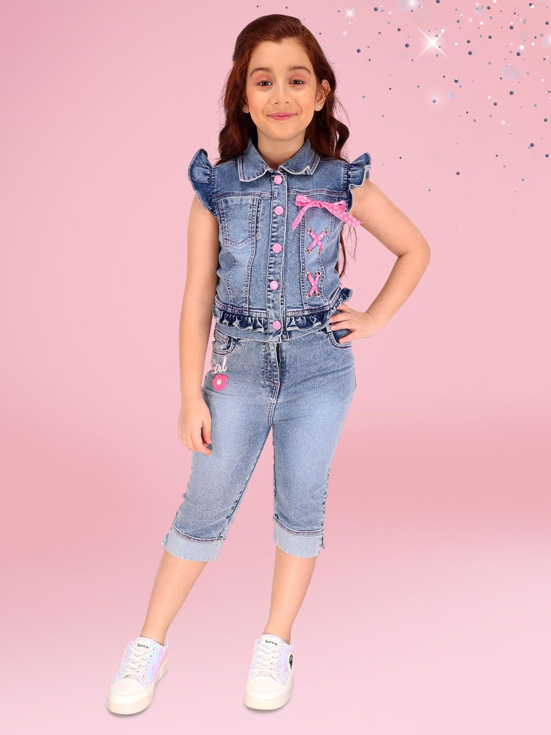 

CUTECUMBER Girls Shirt Collar Top With Capris, Blue