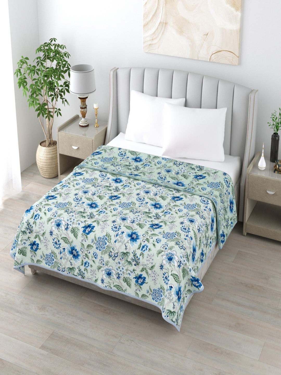 

Qfab Blue Green & Blue Floral Printed Cotton 110 GSM AC Room Single Bed Reversible Dohar