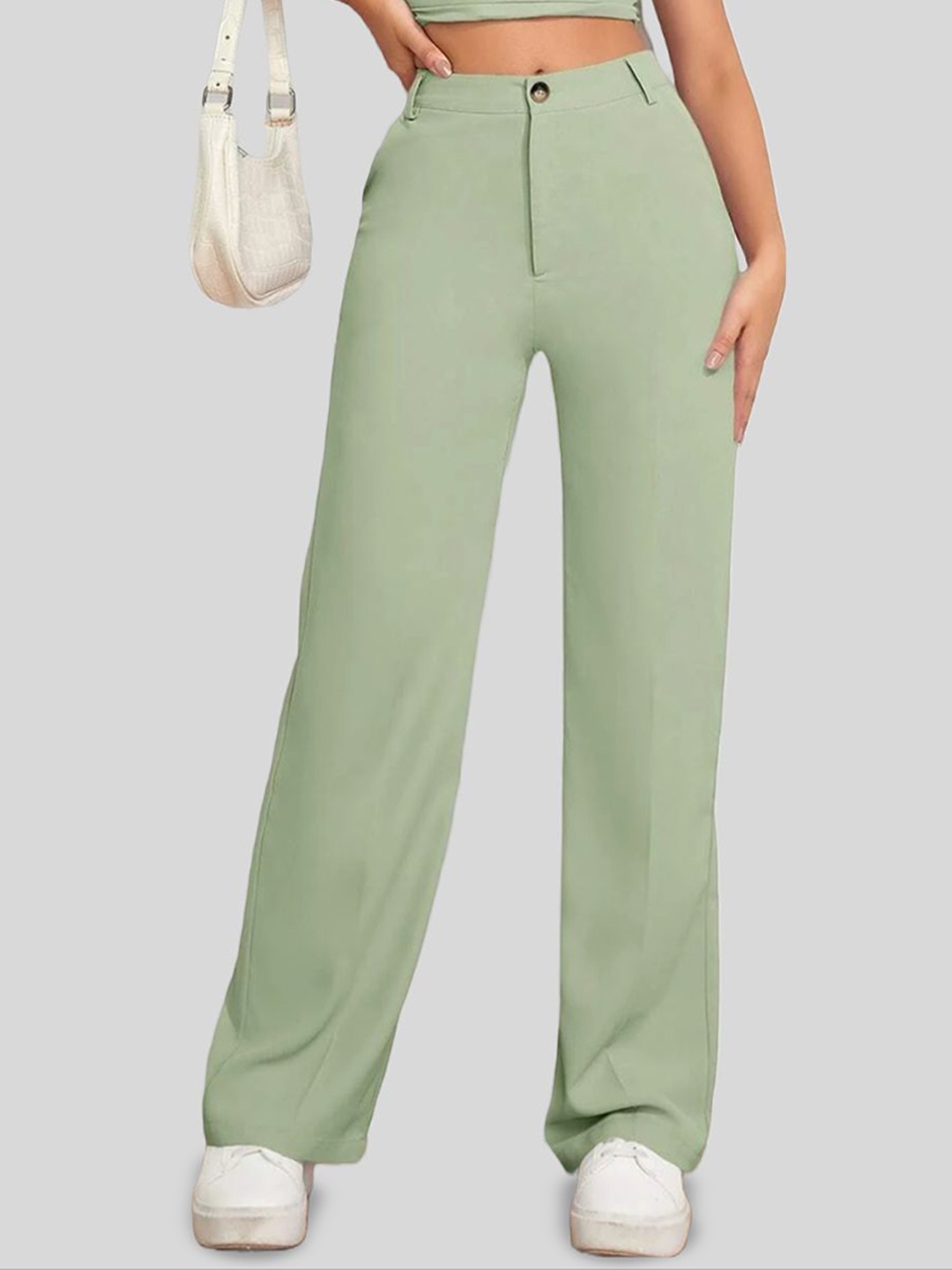 

FNOCKS Women Relaxed Straight Leg High-Rise Trousers, Green