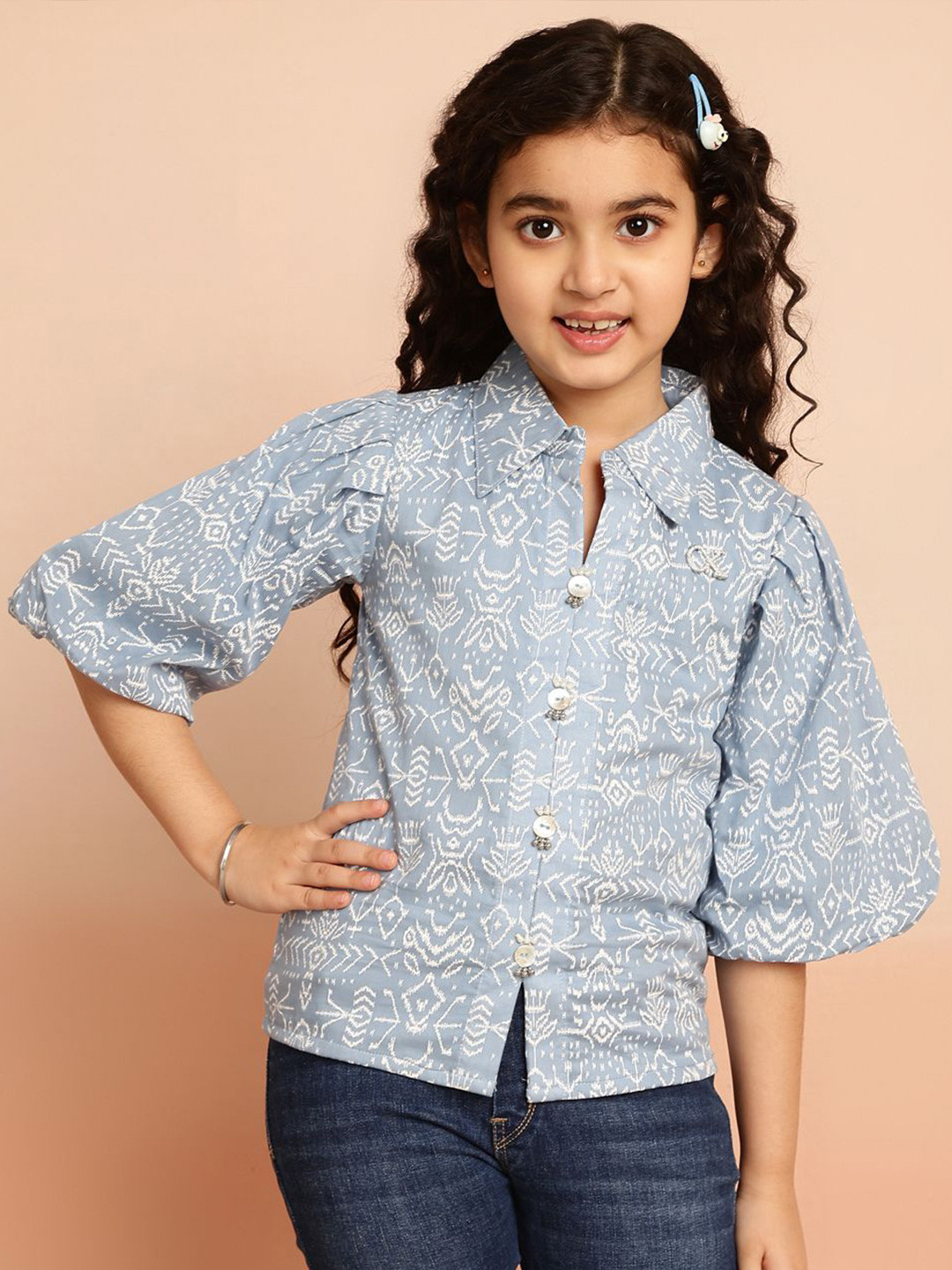 

Miss & Chief Girl Self Design Lapel Coller Flared Sleeves Top, Blue