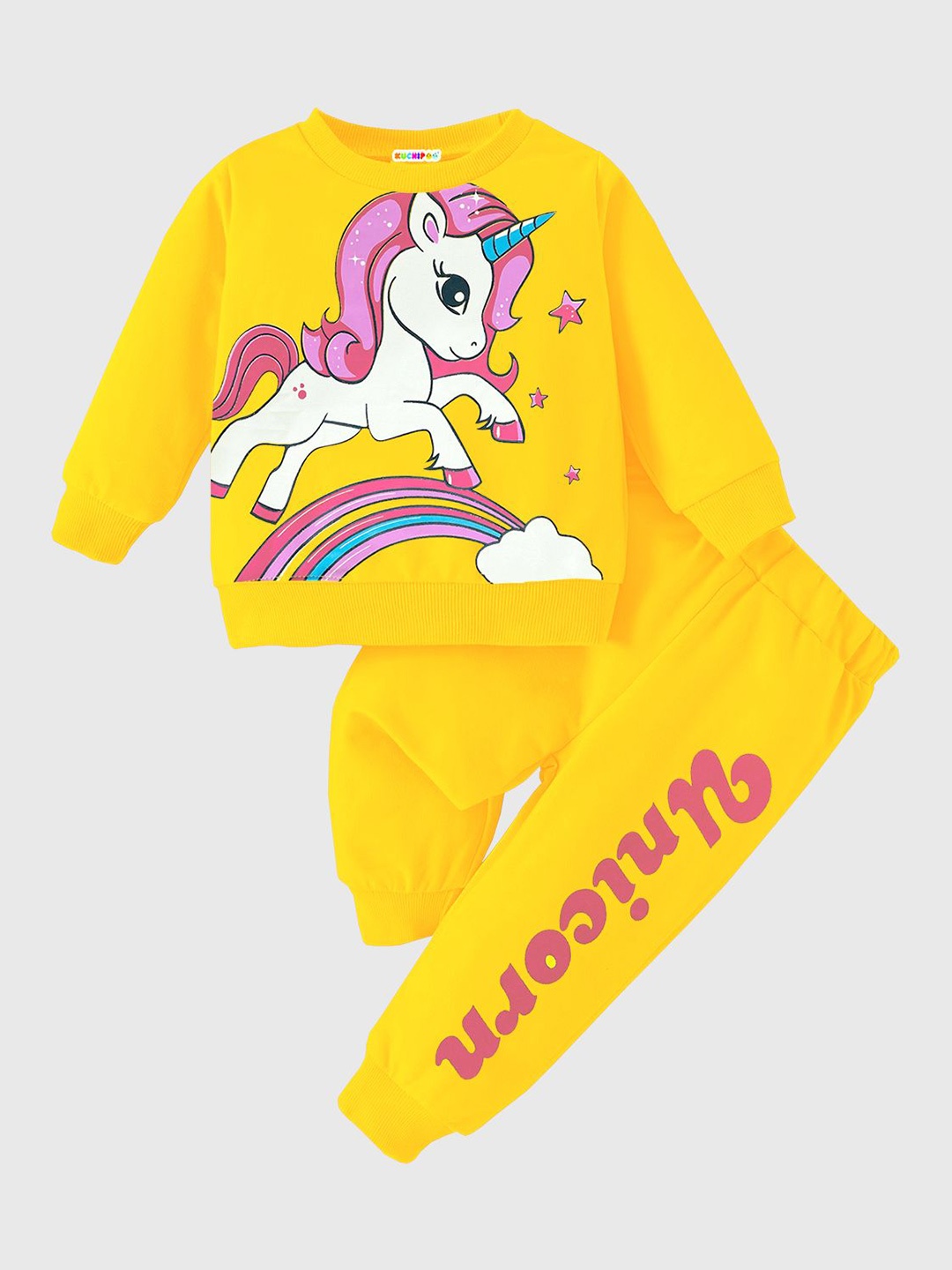 

KUCHIPOO Girls Printed Round Neck Sweatshirt With Jogger, Yellow