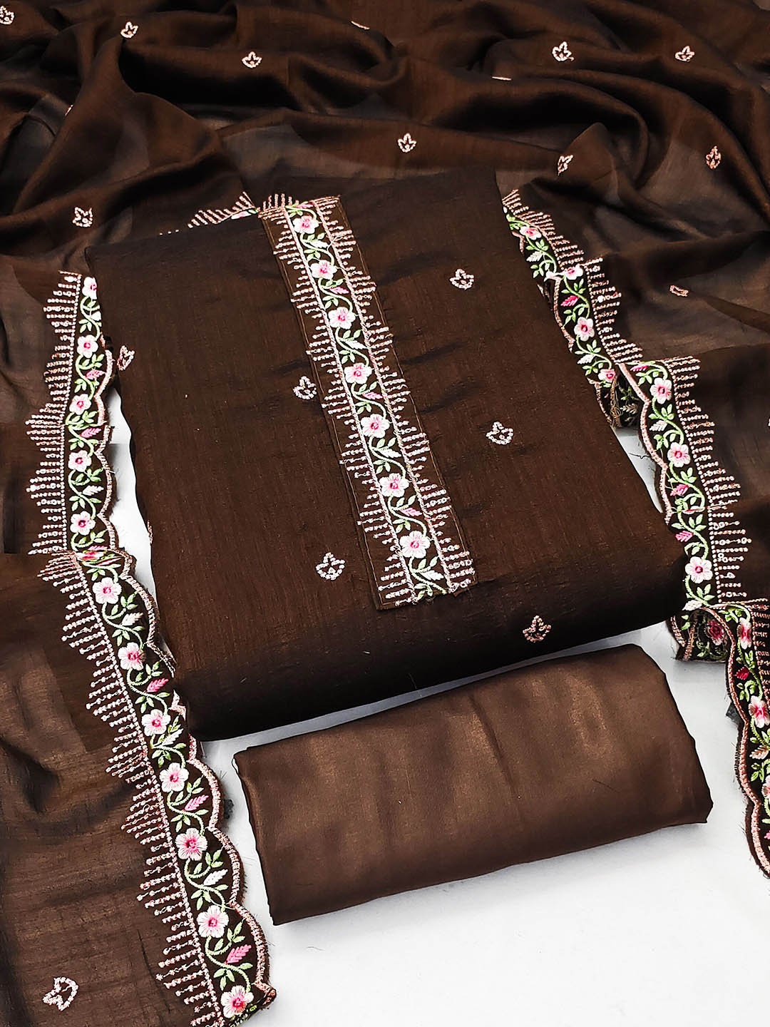 

SAINOOR Floral Embroidered Sequined Silk Unstitched Dress Material, Brown