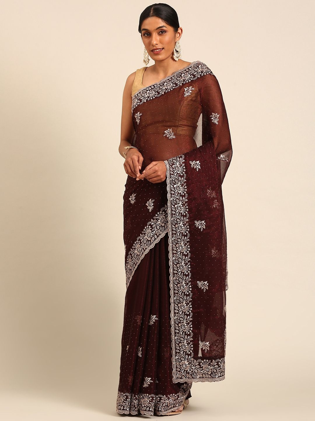 

DIVASTRI Embellished Embroidered Silk Blend Designer Saree, Brown