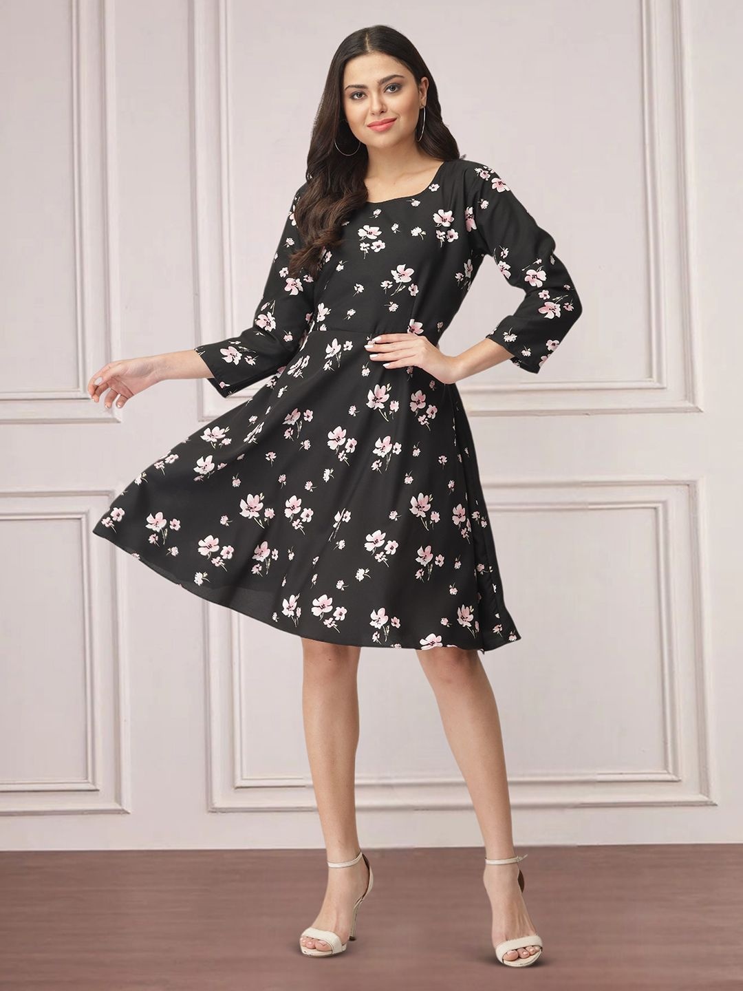 

Moda Rapido Floral Print Applique Fit & Flare Dress, Black