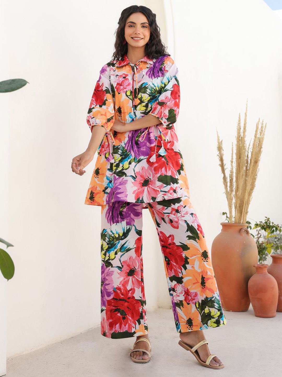 

JISORA Printed Pure Cotton Top & Trouser Co-ord Set, White