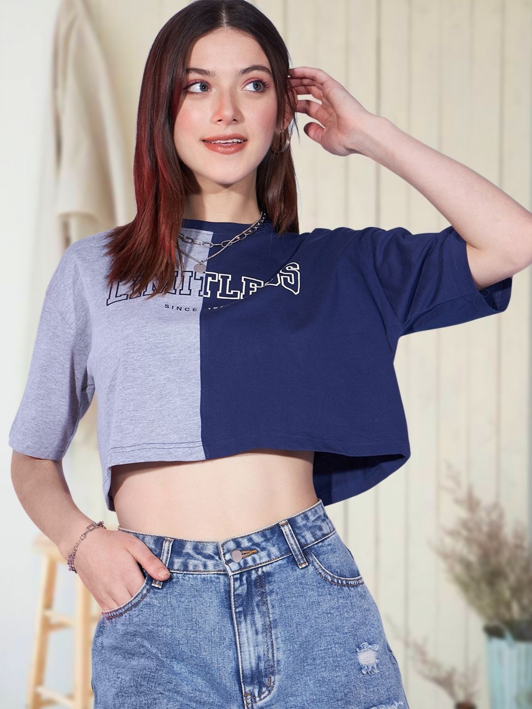 

CORSICA Women Colourblocked Drop-Shoulder Sleeves Boxy T-shirt, Blue
