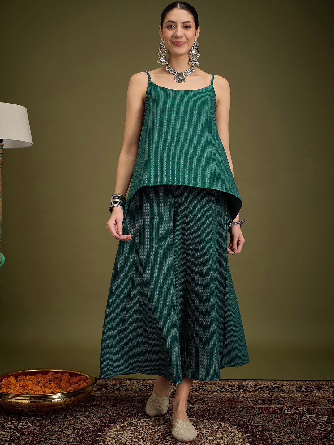 

Sangria Striped Pure Cotton Sleeveless Top And Palazzos, Green