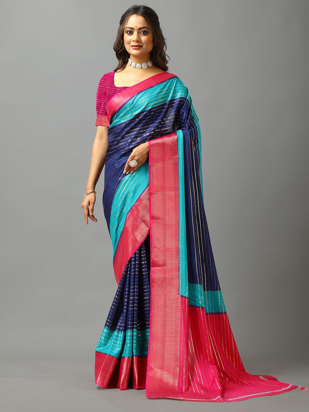 

VIRENDRA TEXTILES Woven Design Striped Saree, Blue