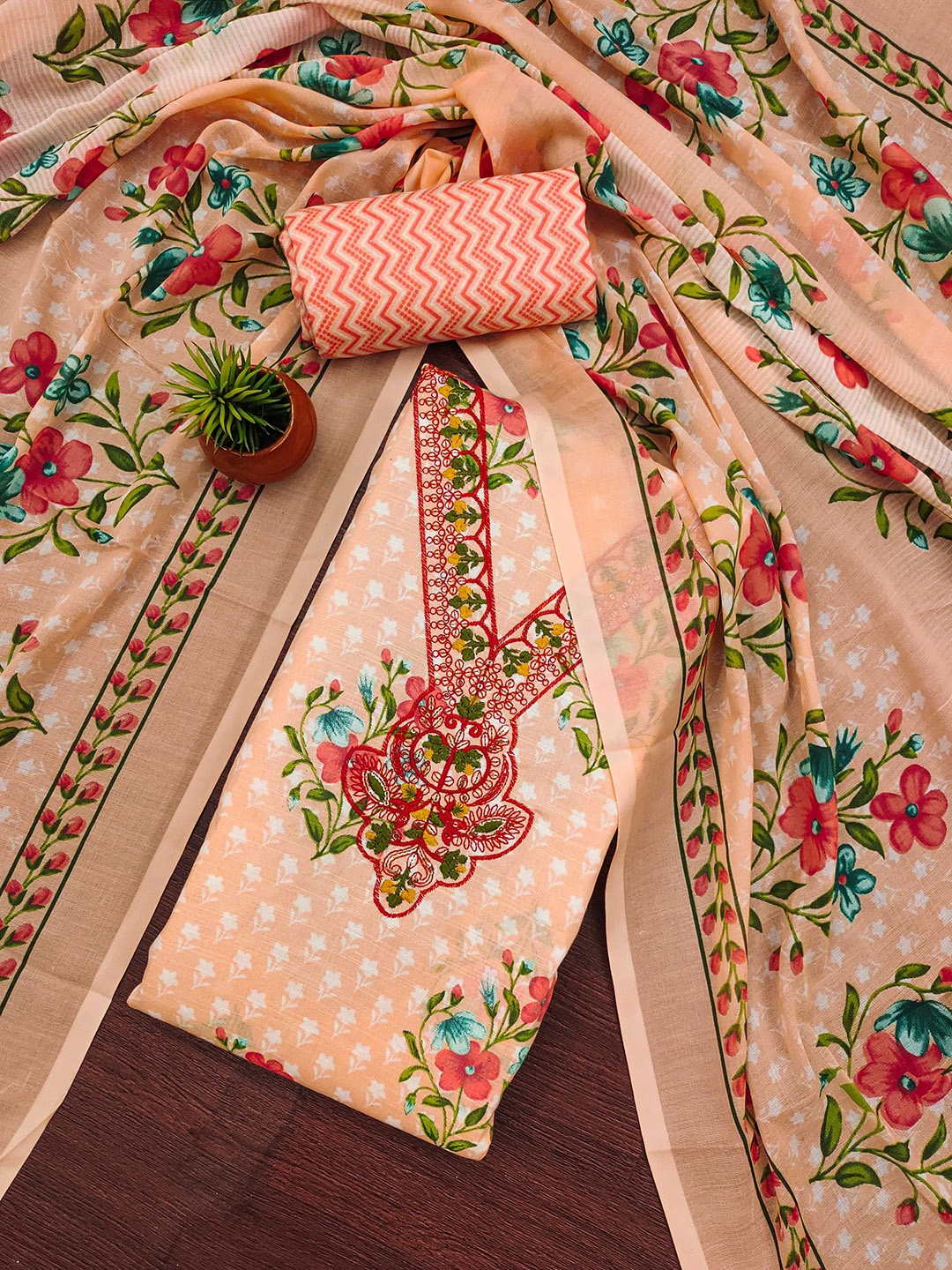 

SAINOOR Floral Embroidered Pure Cotton Unstitched Dress Material, Peach