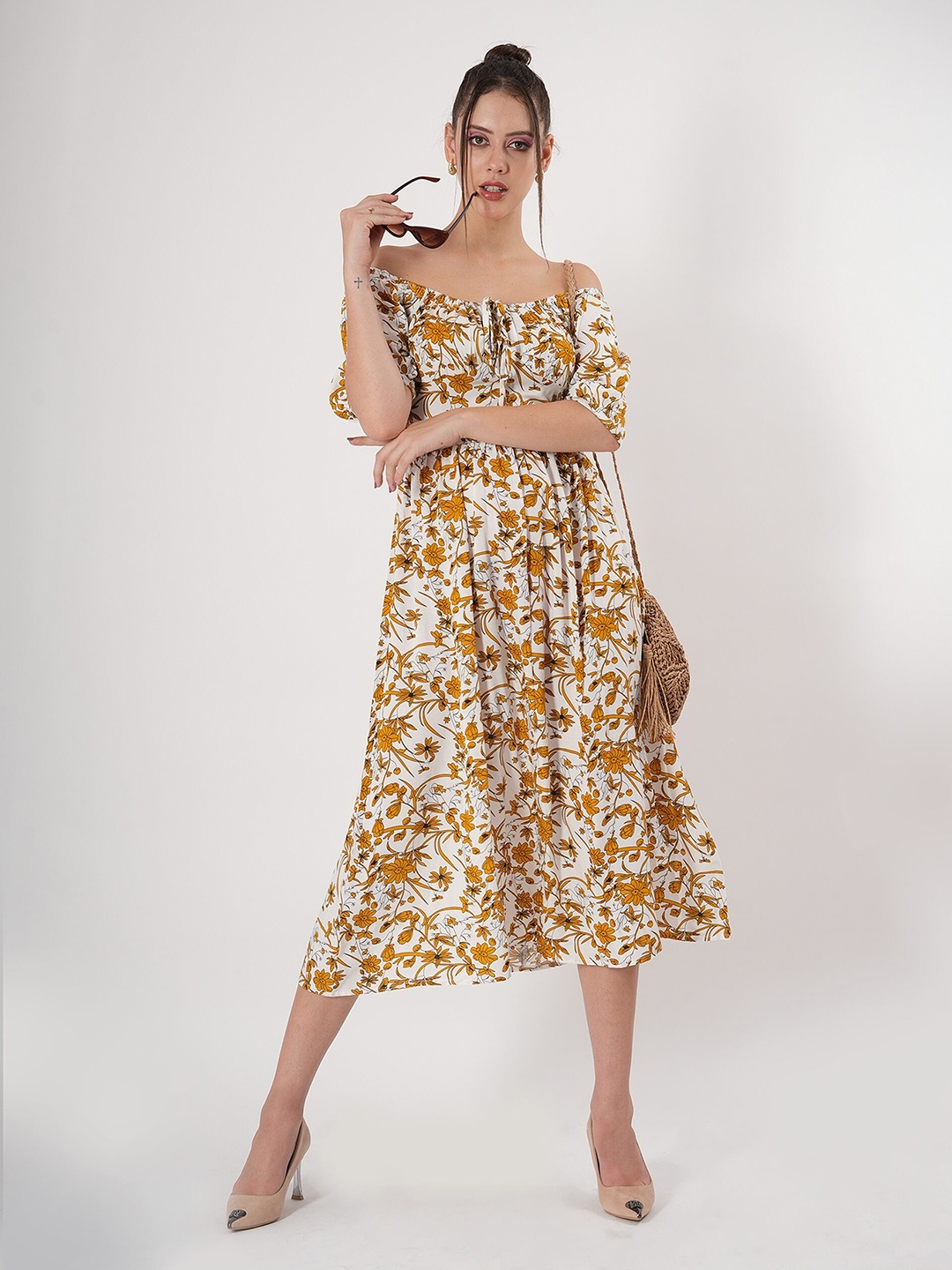 

clobug Floral Print Off-Shoulder Crepe A-Line Midi Dress, White