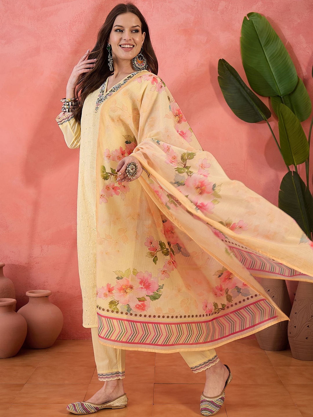 

Sangria Embroidered Pure Cotton Straight Kurta Set, Yellow
