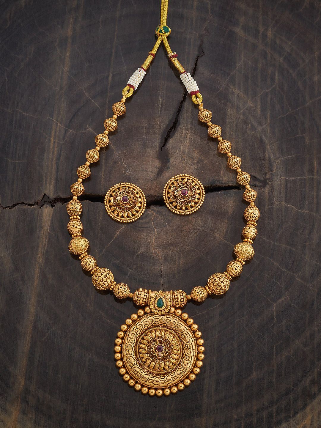 

Kushal's Fashion Jewellery Ruby-Green Gold-Plated Ethnic Antique Jewellery Set