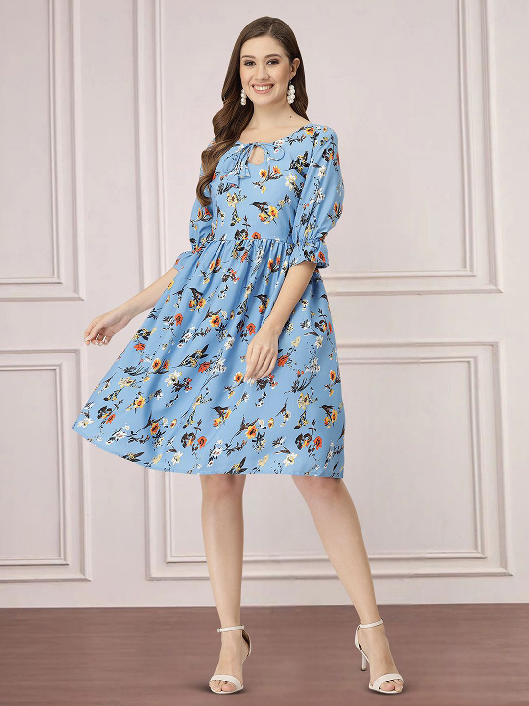 

Moda Rapido Floral Print Tie-Up Neck Applique Fit & Flare Dress, Blue