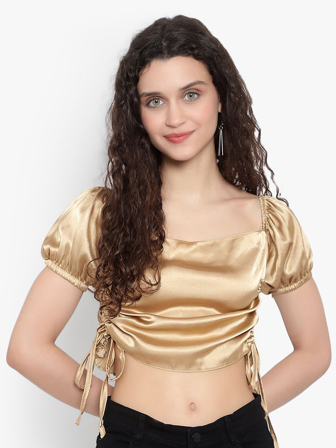 

PYRAMID FASHIONS Puff Sleeve Satin Crop Top, Gold