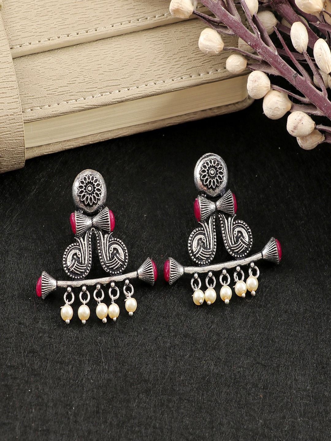

Sangria Silver Plated Stones Studded & Pearls Beaded Peacock Classic Shaped Drop Earrings