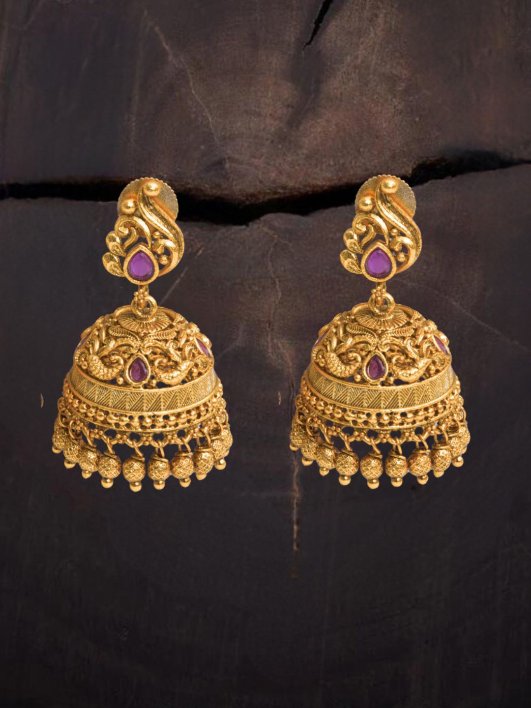 

South Temple Jewellery Gold-Plated Artificial Stoned Studded Dome Shaped Jhumkas