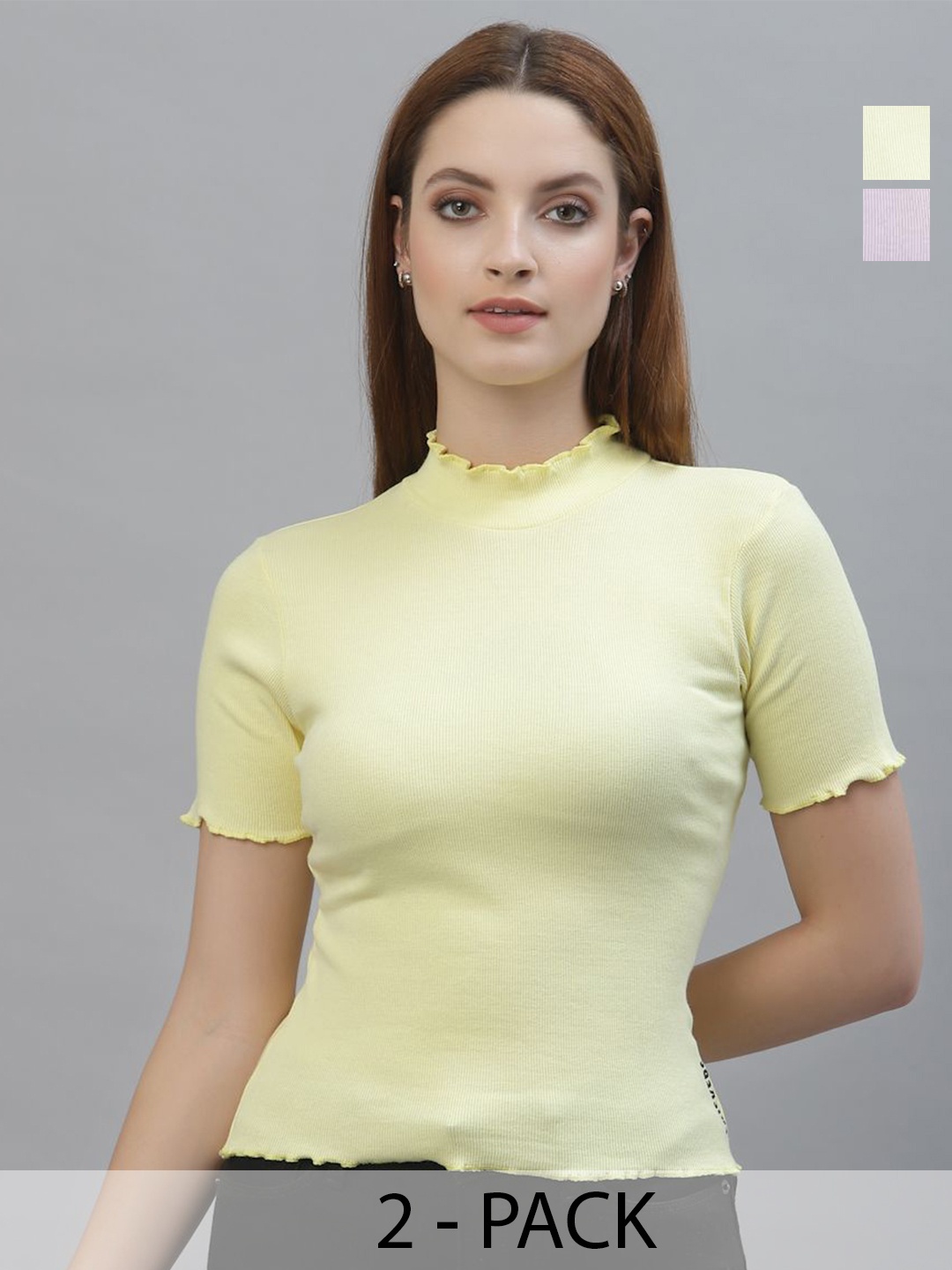 

Friskers Women Pack Of 2 Solid Cotton Top, Yellow