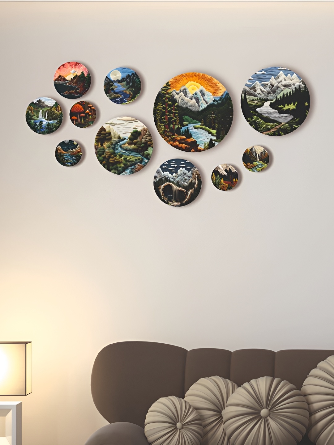 

CVANU Blue & Green 11 Pieces Printed Wooden Round Shape Wall Decors