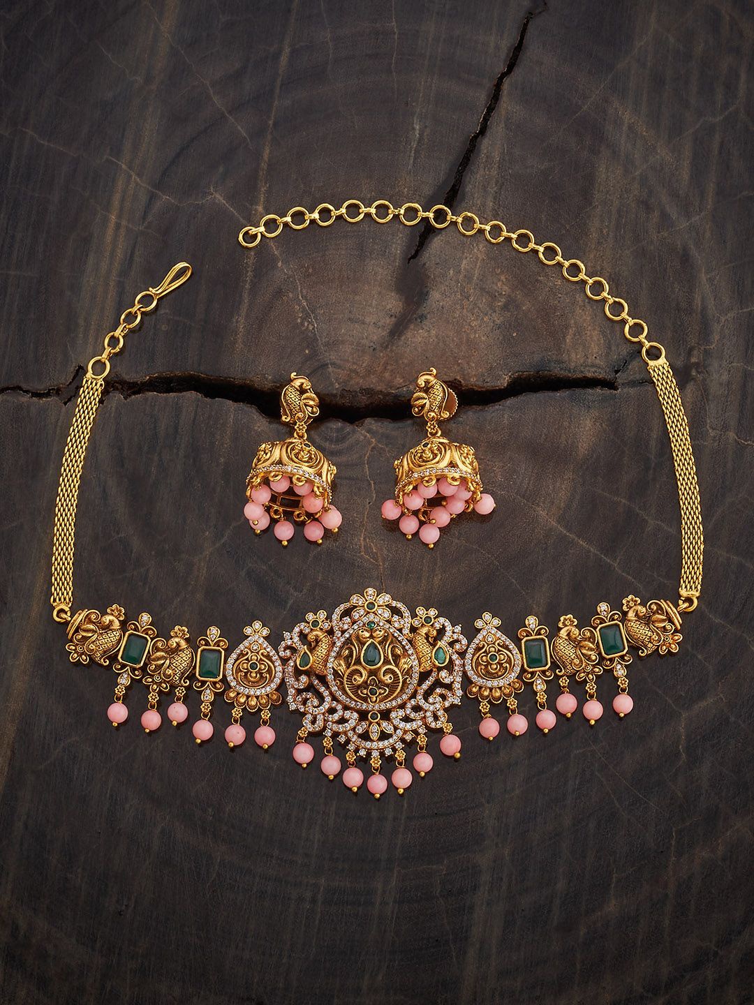

Kushal's Fashion Jewellery Green Gold-Plated Ethnic Antique Jewellery Set