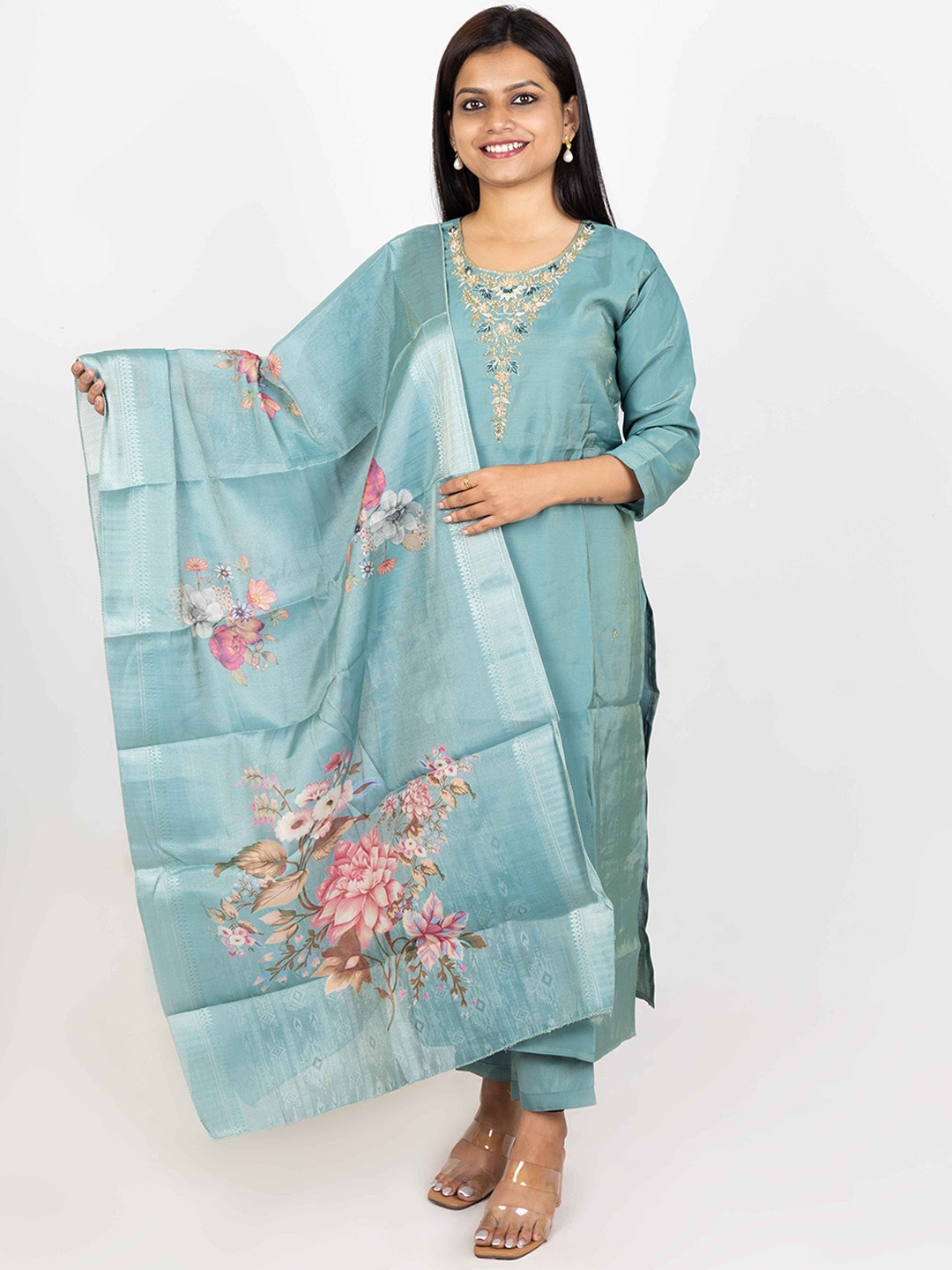 

The Kalakriti House Floral Embroidered Pure Silk Straight Kurta With Trousers & Dupatta, Blue