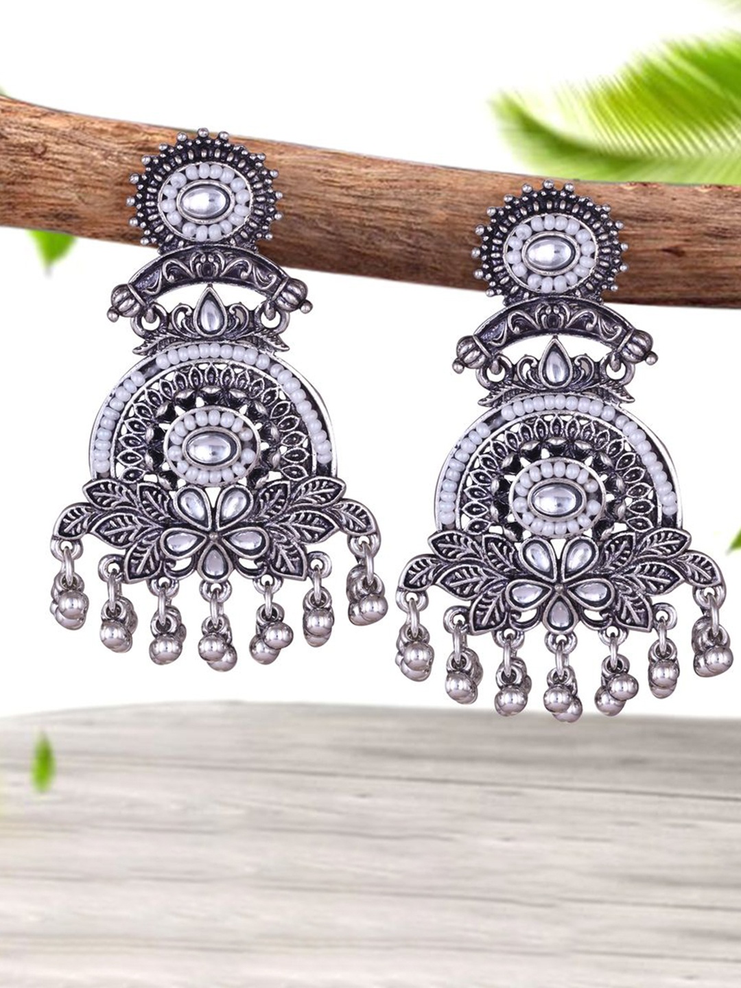 

MEENAZ Silver-Plated Oxidised Stone Studded & Beaded Contemporary Shaped Drop Earrings