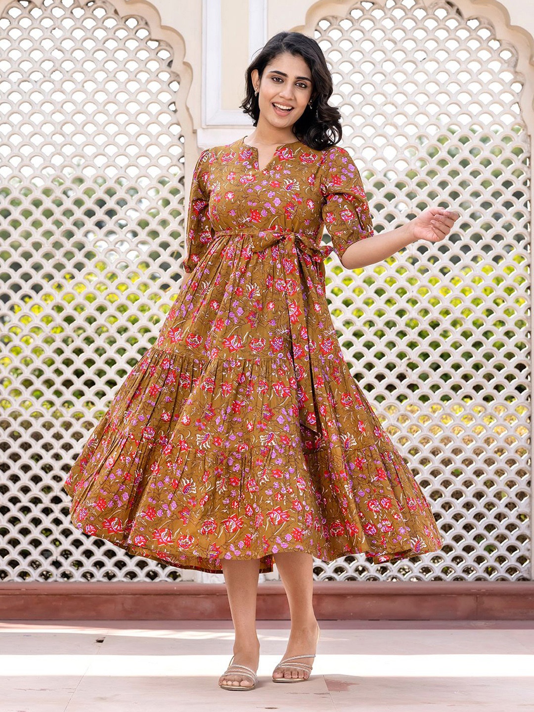 

CORSICA Floral Print Puff Sleeve Maxi Dress, Brown