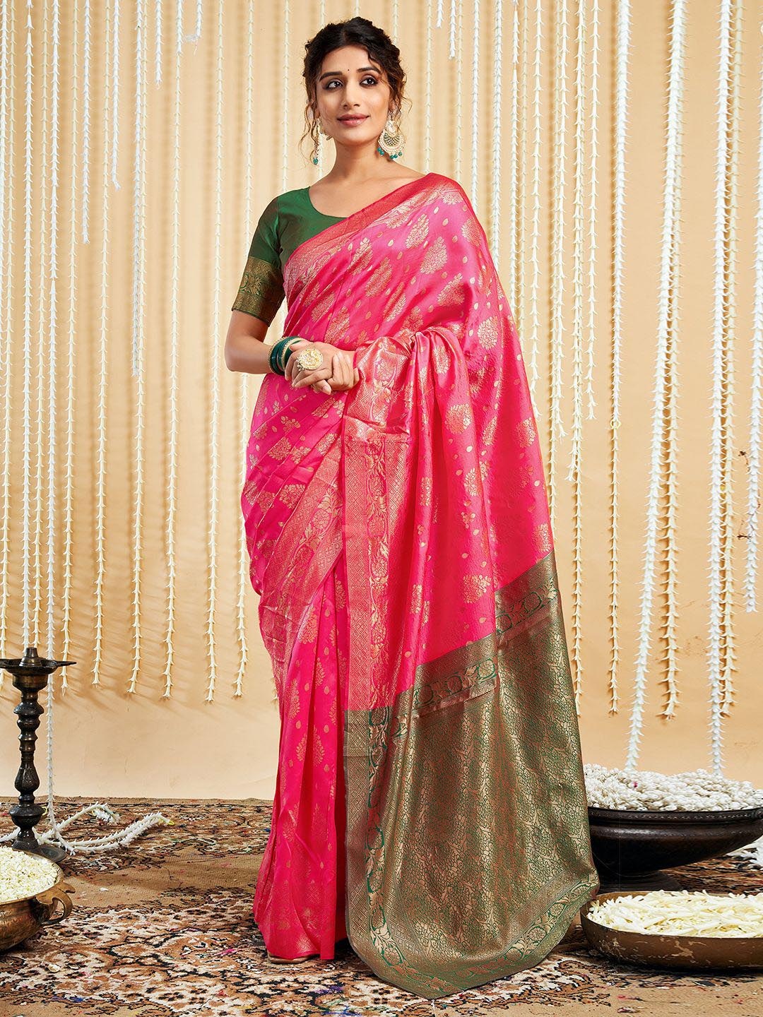 

HERE&NOW Ethnic Motifs Woven Design Zari Saree, Pink