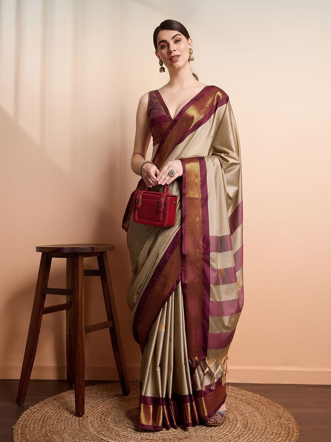 

yourwish Woven Design Zari Silk Cotton Kanjeevaram Saree, Beige
