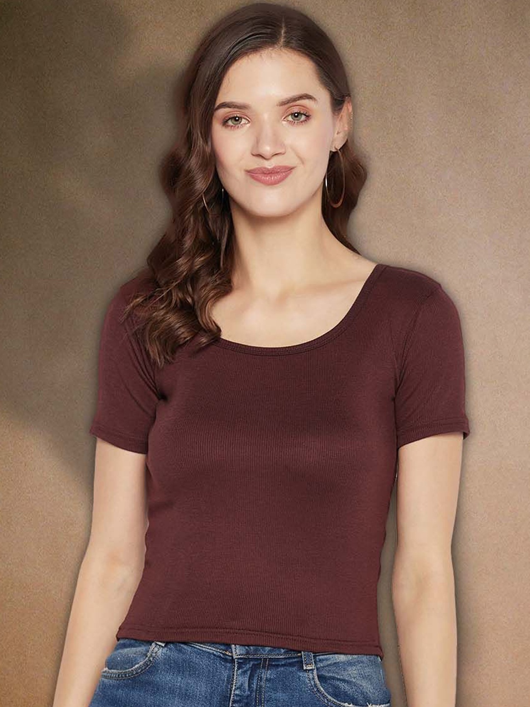 

all about you Women Round Neck Fitted Crop Top, Brown