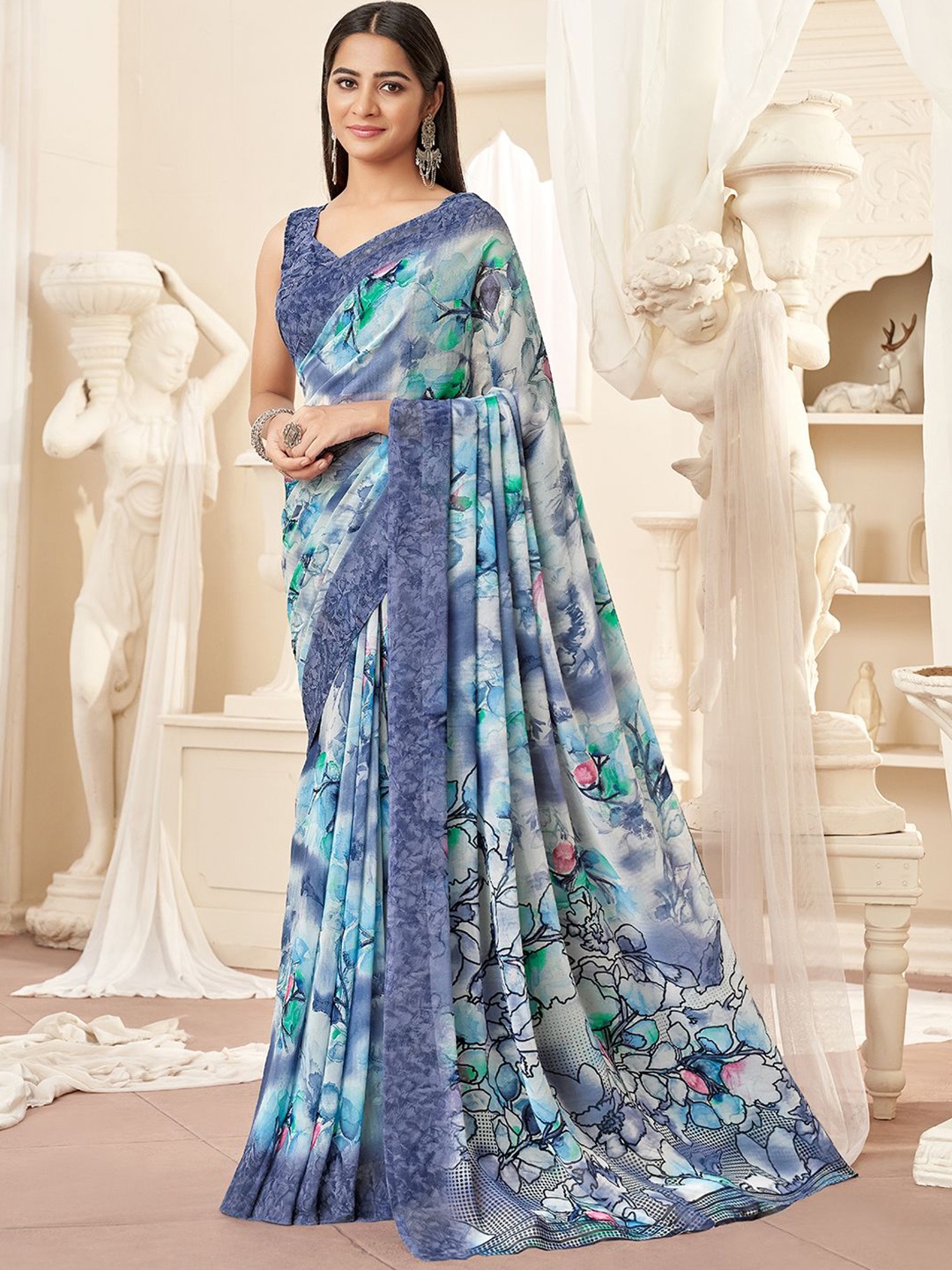 

DIVASTRI Floral Printed Saree With Unstitched Blouse Piece, Blue