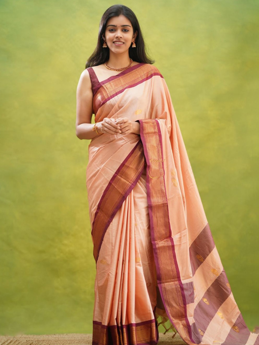 

yourwish Ethnic Motifs Zari Silk Cotton Kanjeevaram Saree, Peach