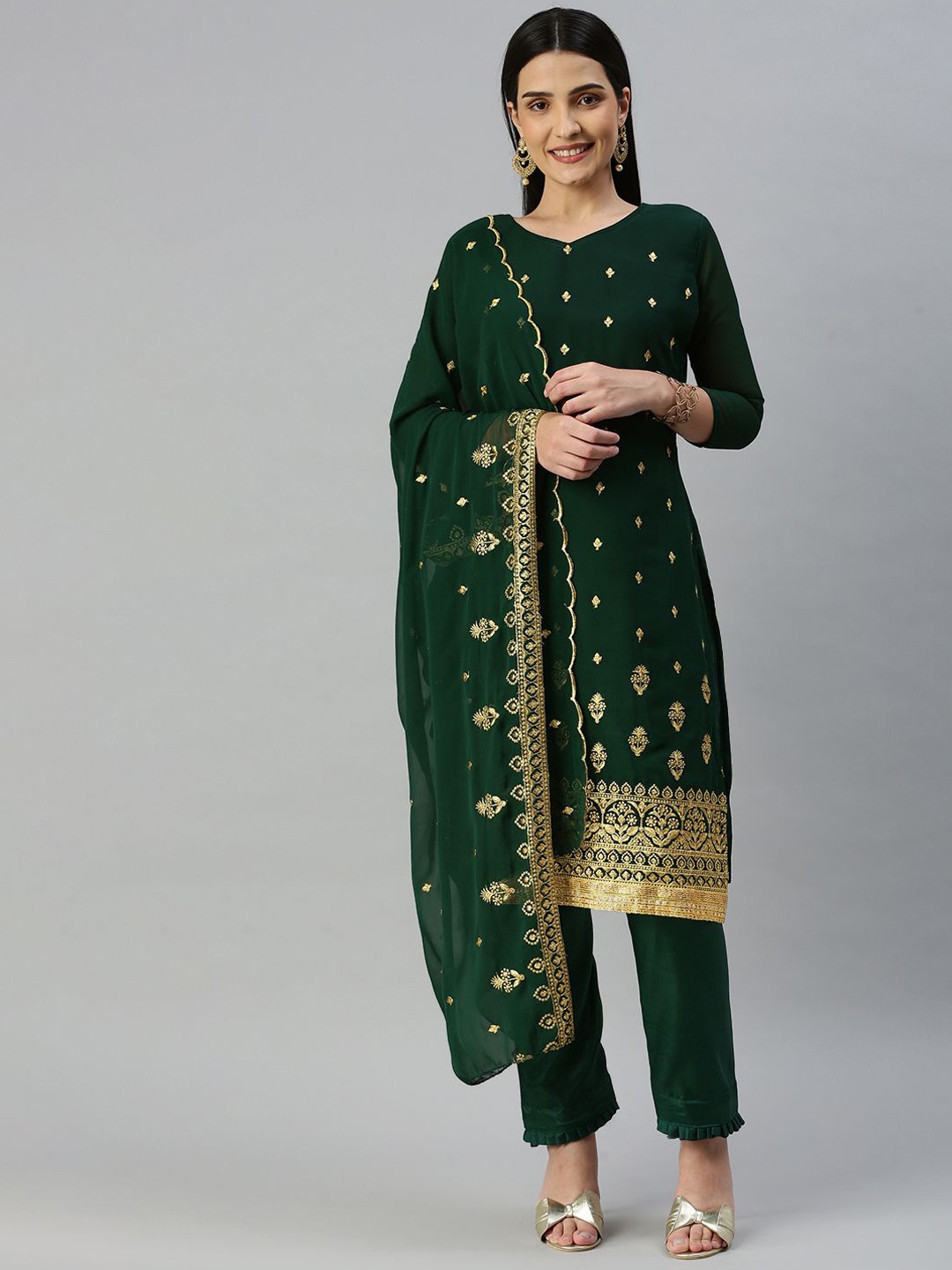 

SAINOOR Embroidered Silk Georgette Semi-Stitched Dress Material, Green