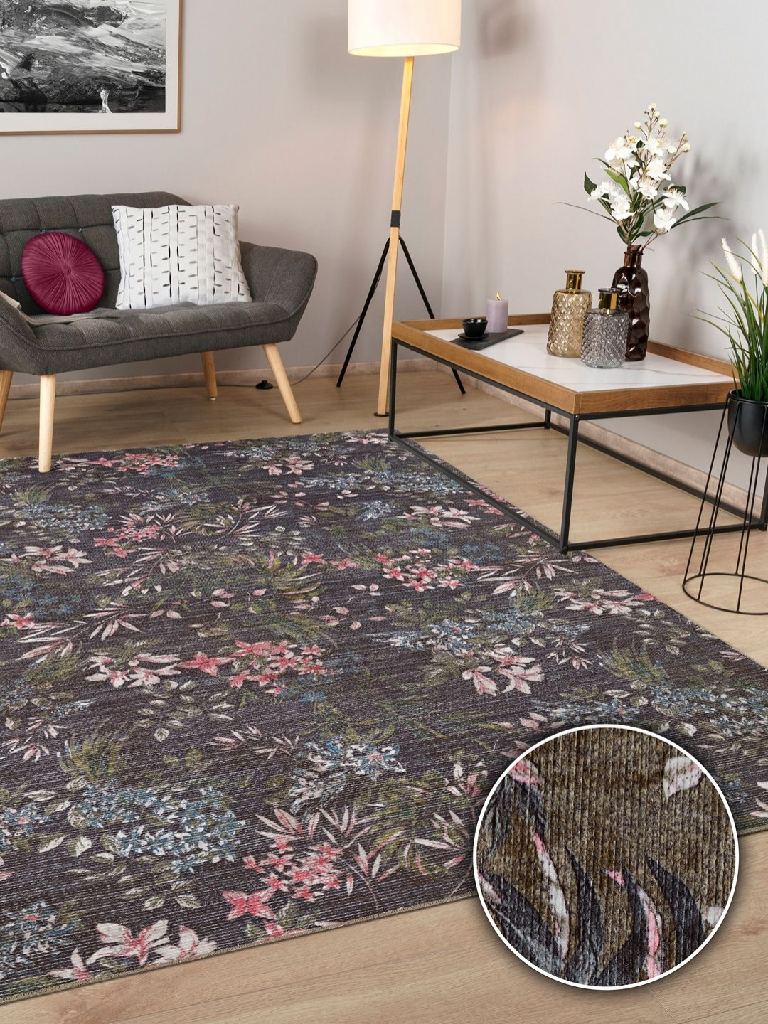 

Kaleen India Grey & Green Floral Printed Anti-Skid Carpet