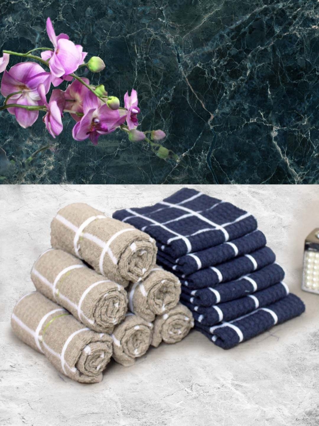 

Aura Beige & Navy Blue 12 Pieces Checked Pure Cotton Super Absorbent Hand Towels