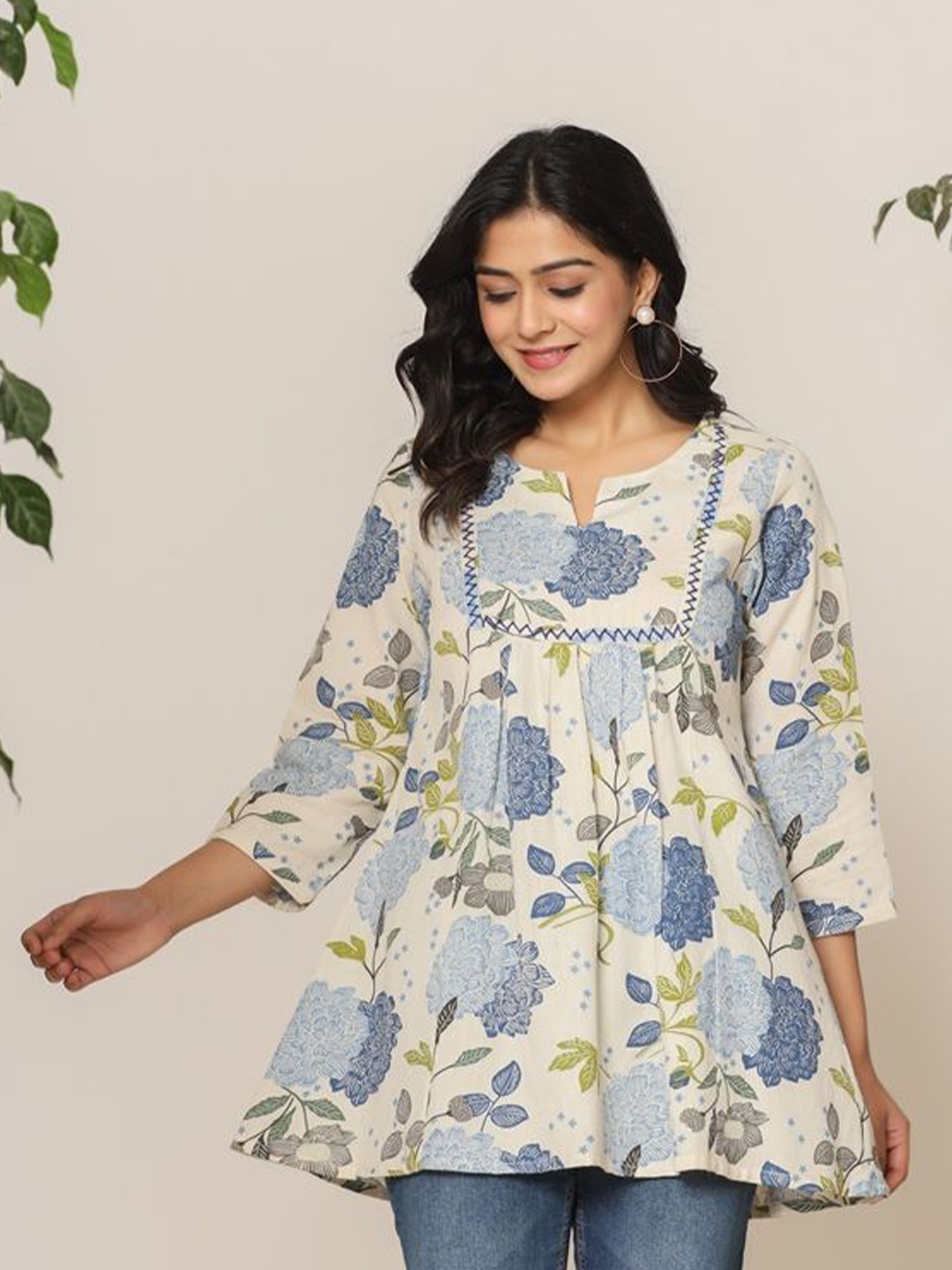 

Haute and Humble Floral Print Cotton Peplum Top, Blue
