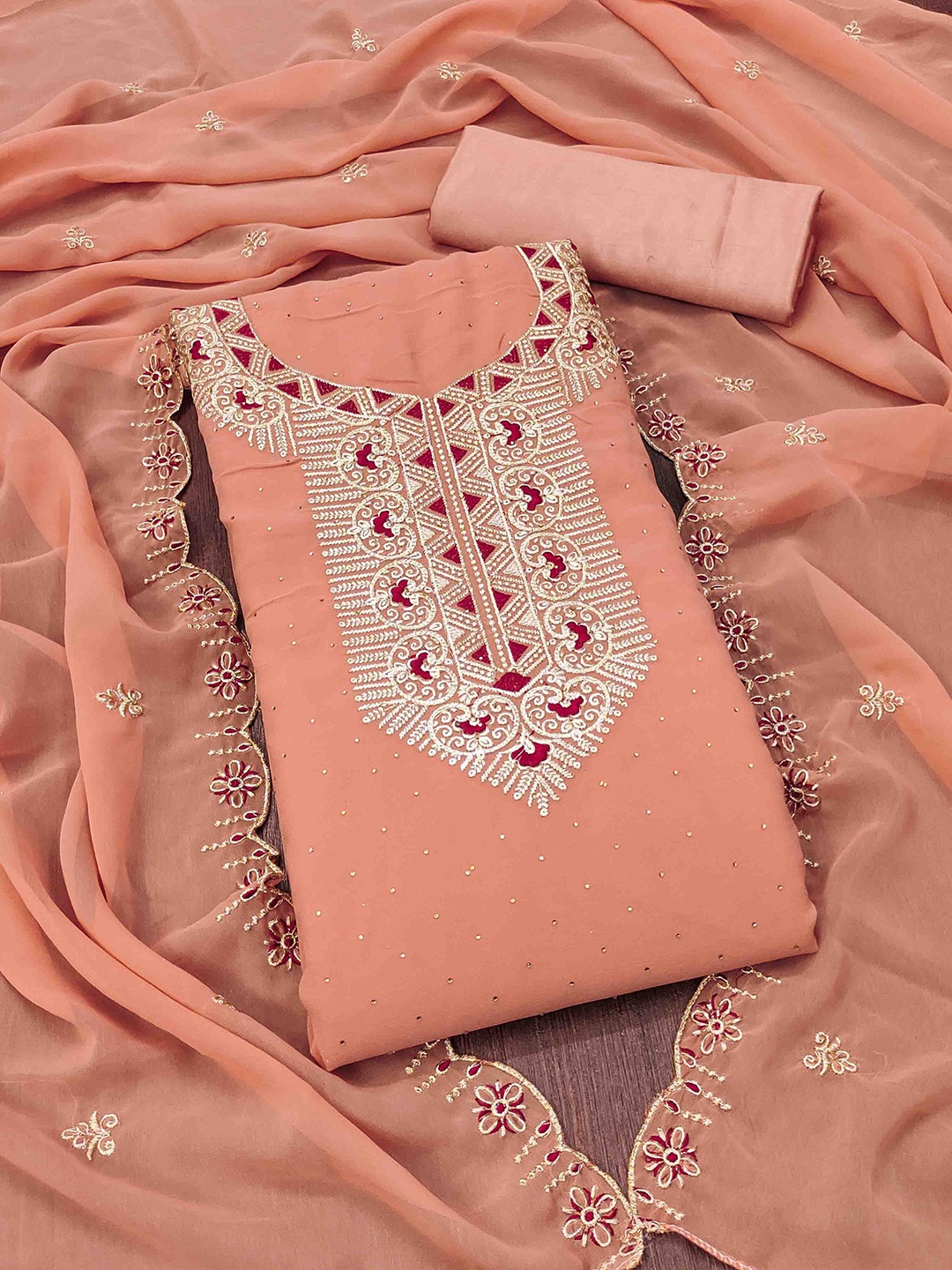 

KALINI Embroidered Unstitched Dress Material, Peach