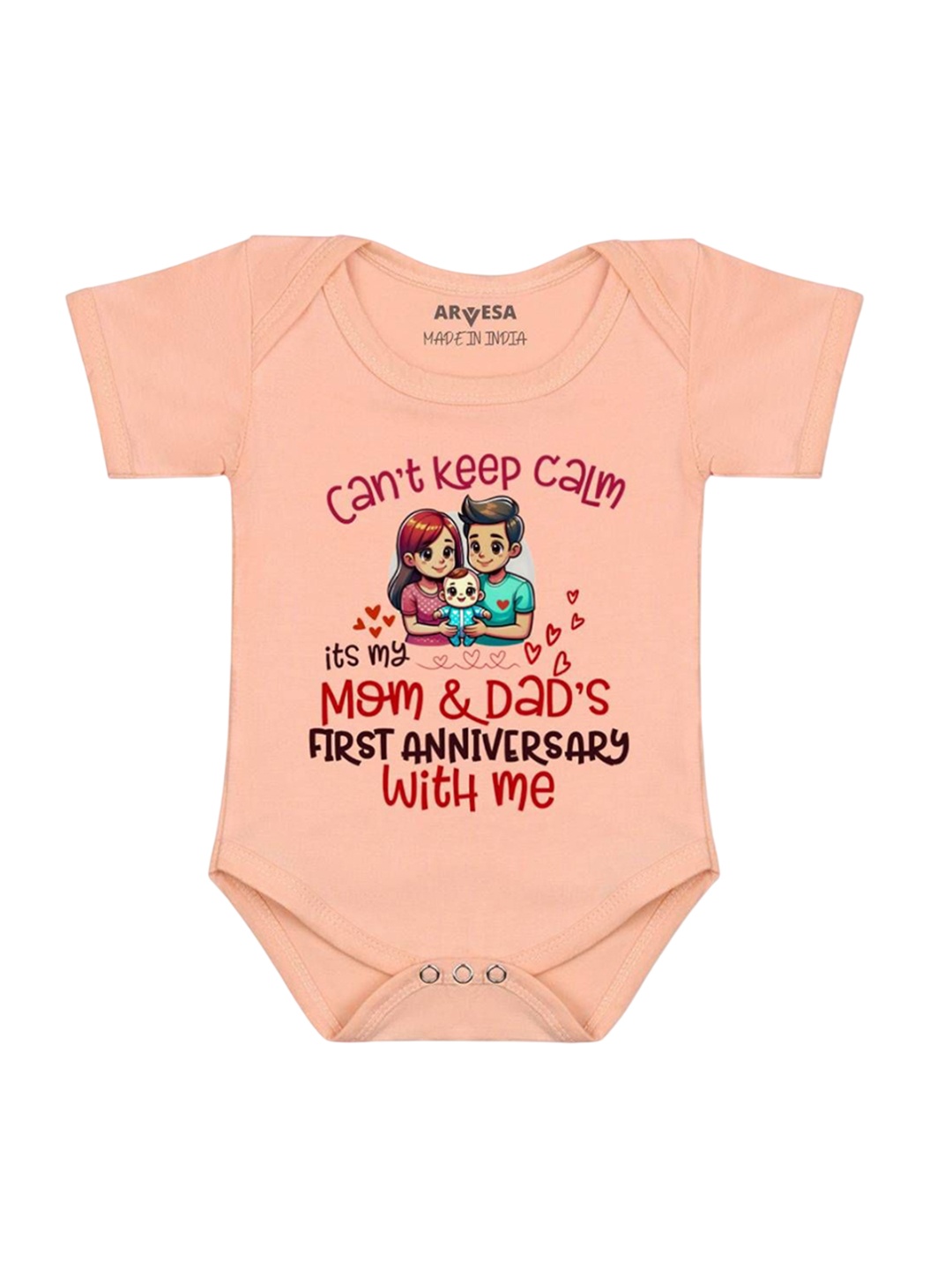 

Arvesa First Anniversary With Mom And Dad Printed Romper, Peach