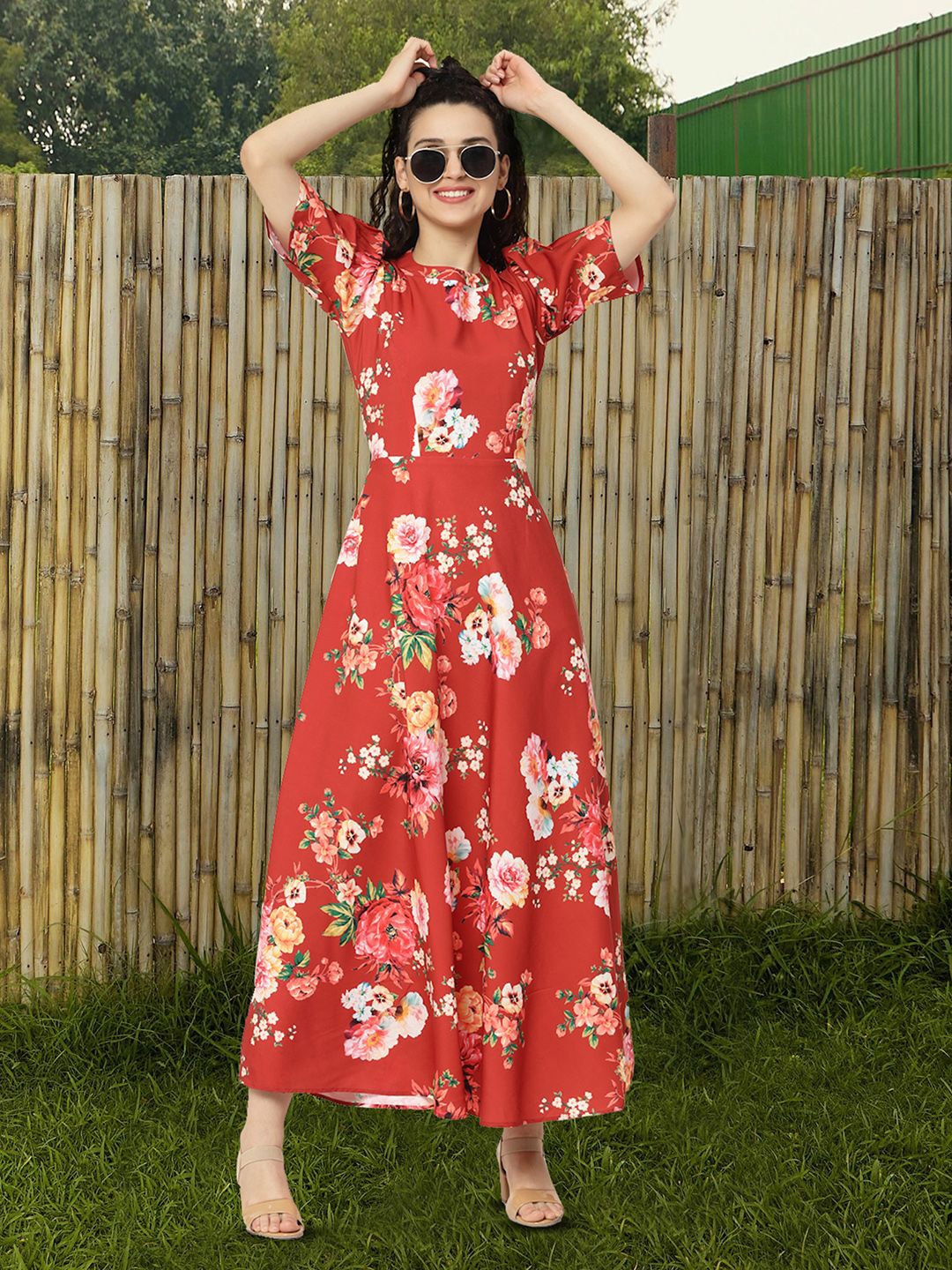 

Moda Rapido Floral Print Applique Fit & Flare Dress, Red