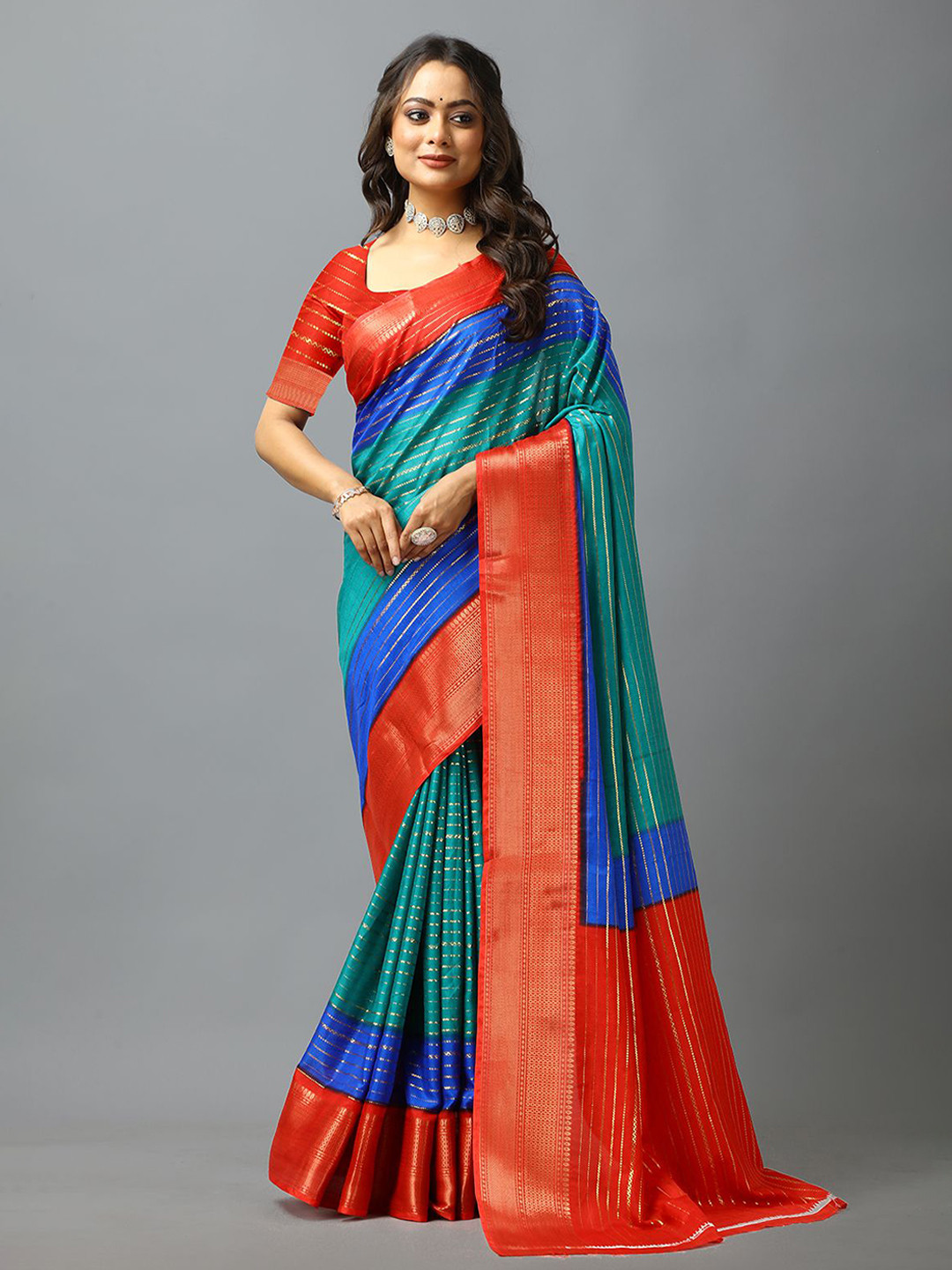 

A.V.M. SILK MILLS Striped Saree, Green