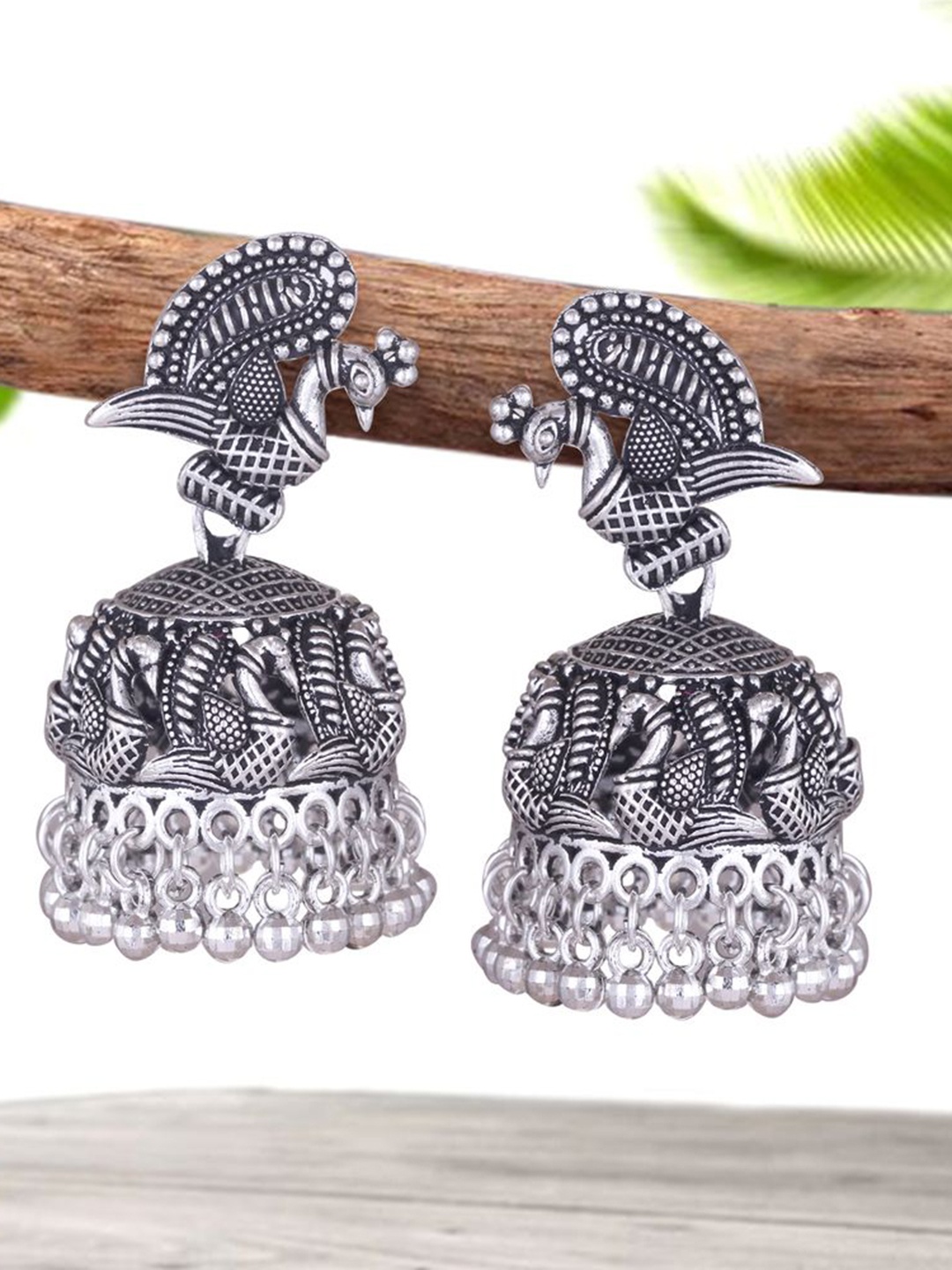 

MEENAZ Silver-Plated Oxidised Dome Shaped Jhumkas