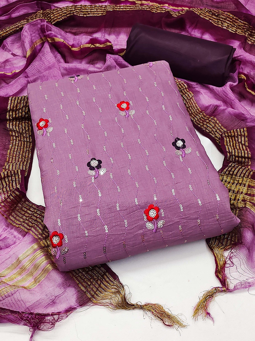 

SAINOOR Floral Embroidered Sequinned Pure Cotton Unstitched Dress Material, Purple