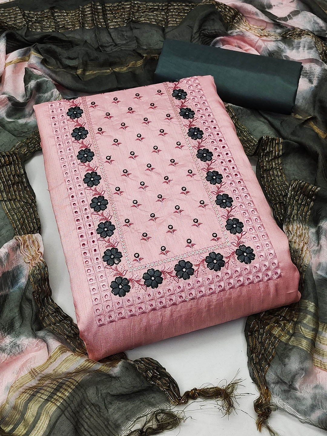 

SAINOOR Embroidered Thread Work Unstitched Dress Material, Pink