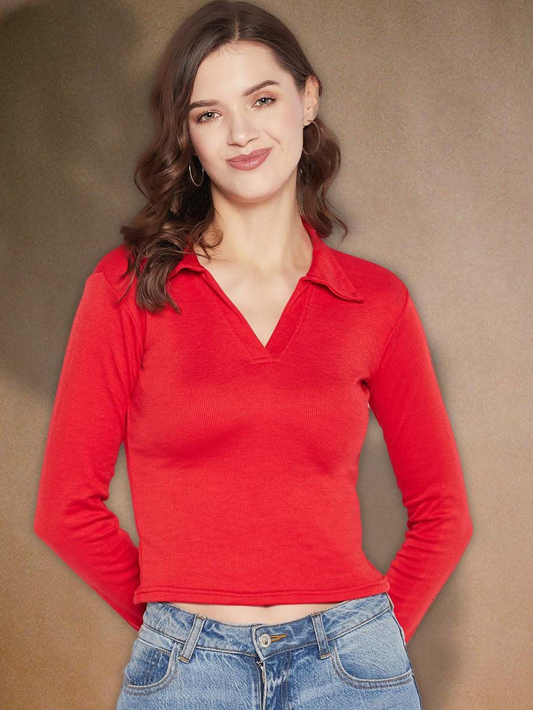 

all about you Women Ribbed Shirt Collar Fitted Crop Top, Red