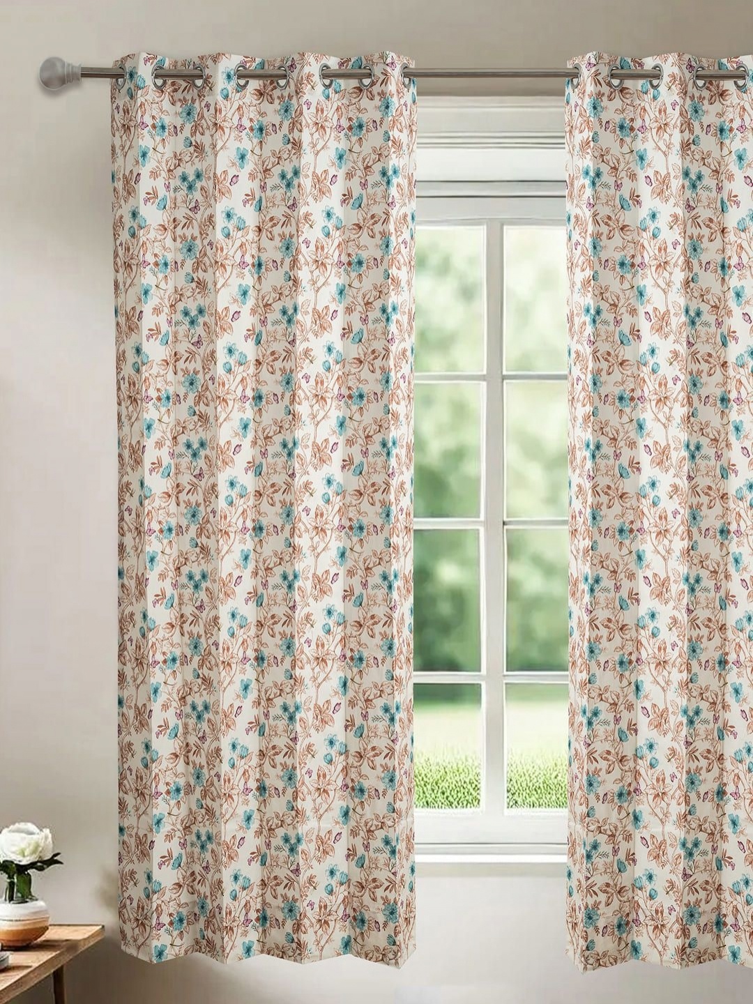 

Floating Walls Furnishings White & Blue Floral Printed Window Curtain