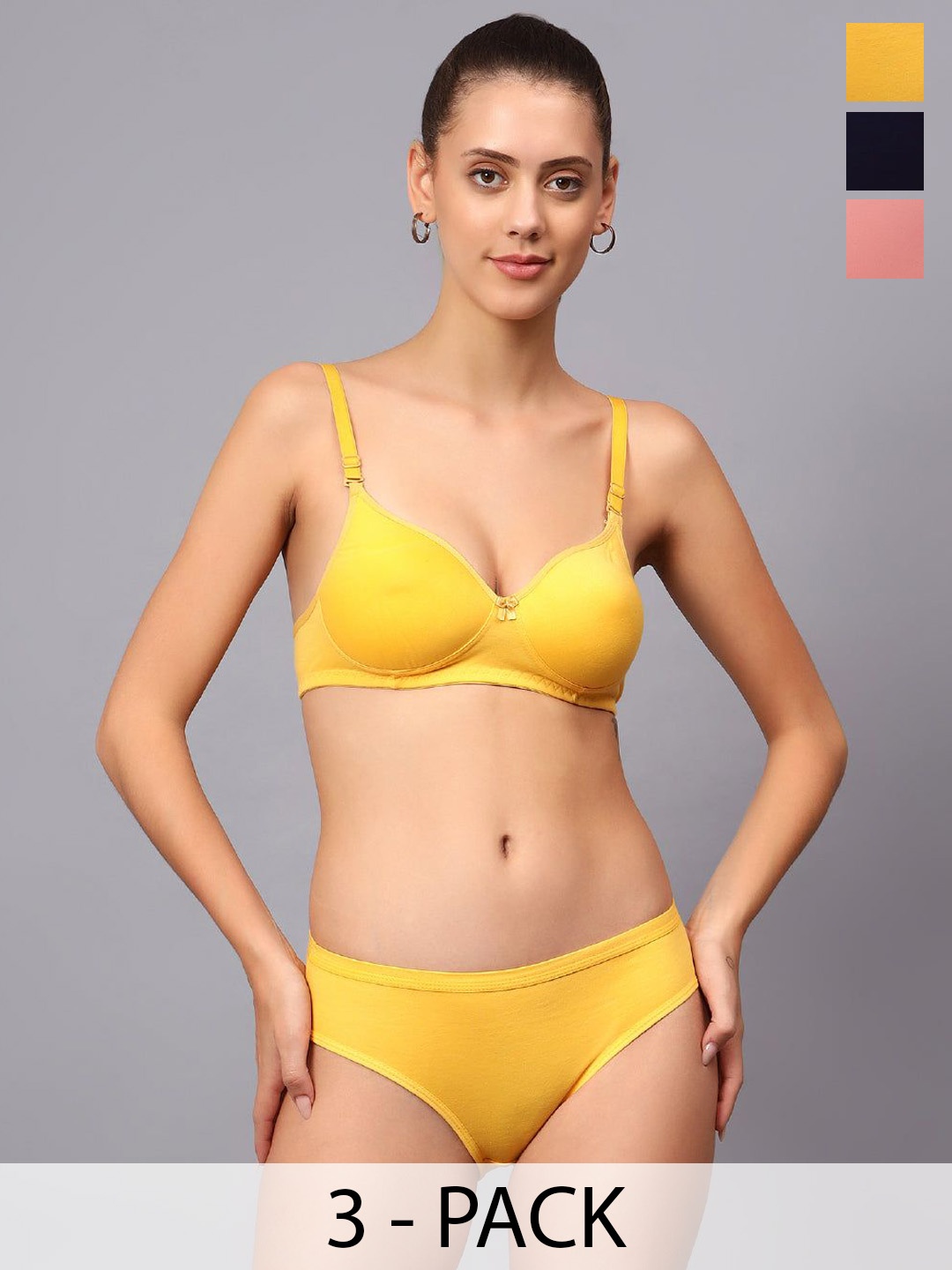 

Designer Bugs Pack Of 3 Cotton Non Padded Non Wired Lingerie Set NPLS-Y-RG-NB-30B, Yellow