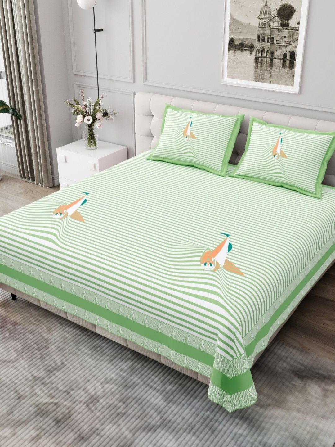 

JAIPUR FABRIC Green & White Striped King Cotton 254 TC Bedsheet Set 2.74m x 2.28m