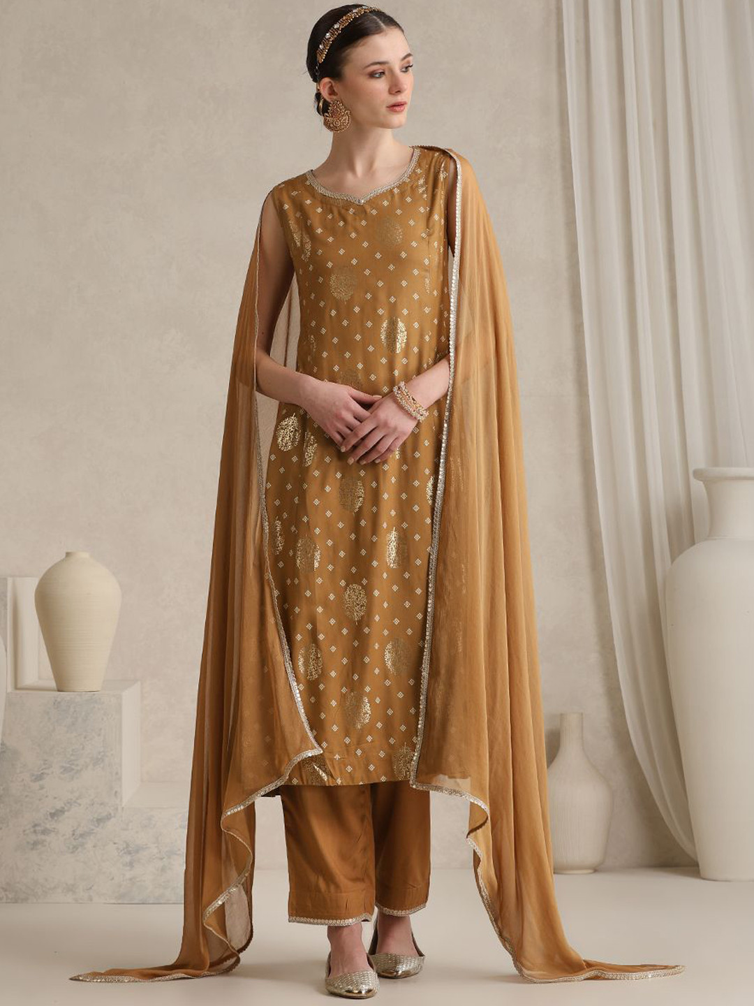 

Khushal K Ethnic Motifs Printed Sweet Heart Neck Kurta with Palazzos & With Dupatta, Mustard