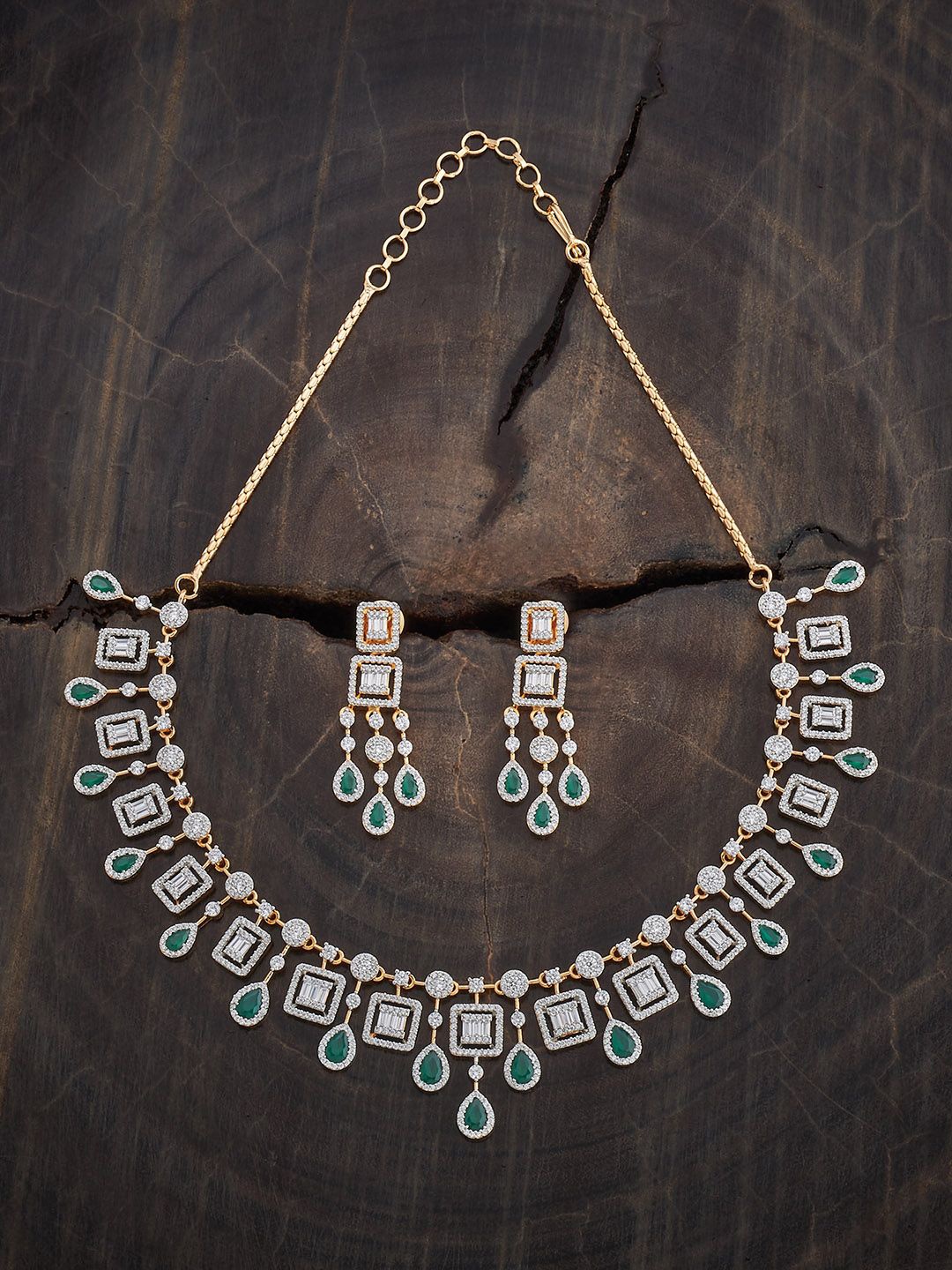 

Kushal's Fashion Jewellery Green Rhodium Gold-Plated Party Zircon Jewellery Set