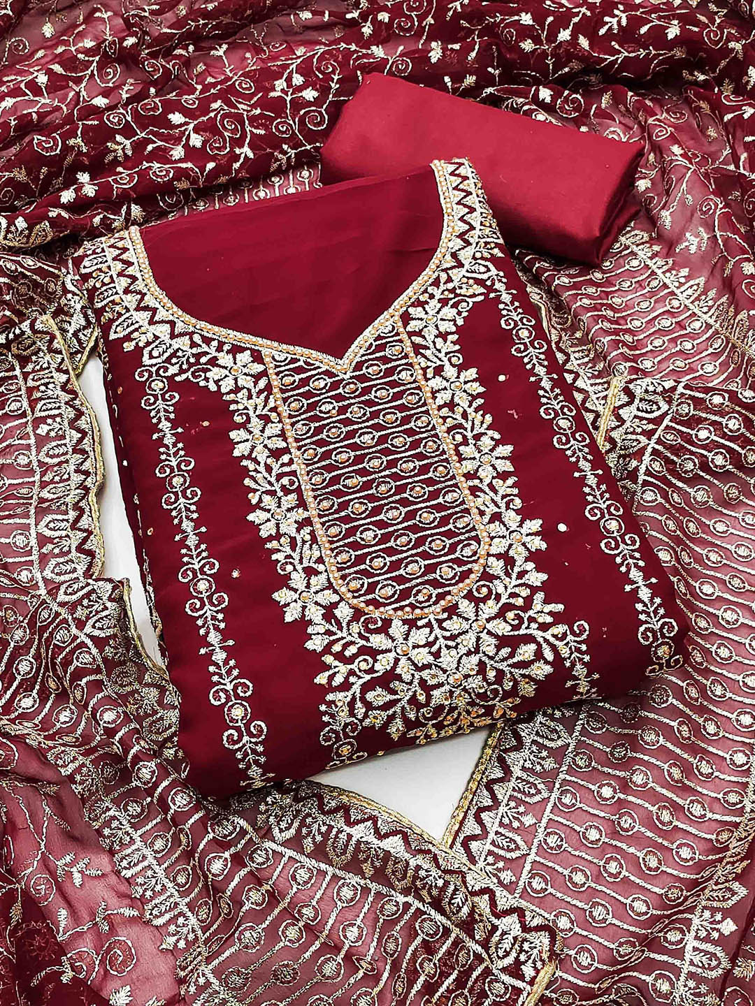 

KALINI Embroidered Unstitched Dress Material, Maroon